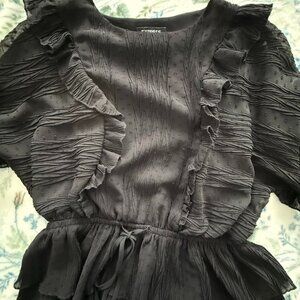 Express black frilly short sleeve blouse with waist cinch